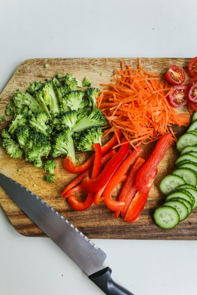chopped broccoli, carrots, peppers, tomatoes, cucumbers