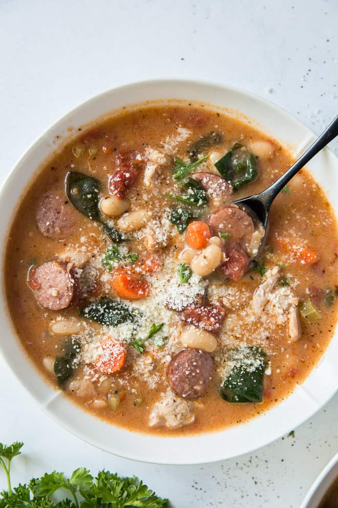 chicken & sausage stew with white beans and spinach