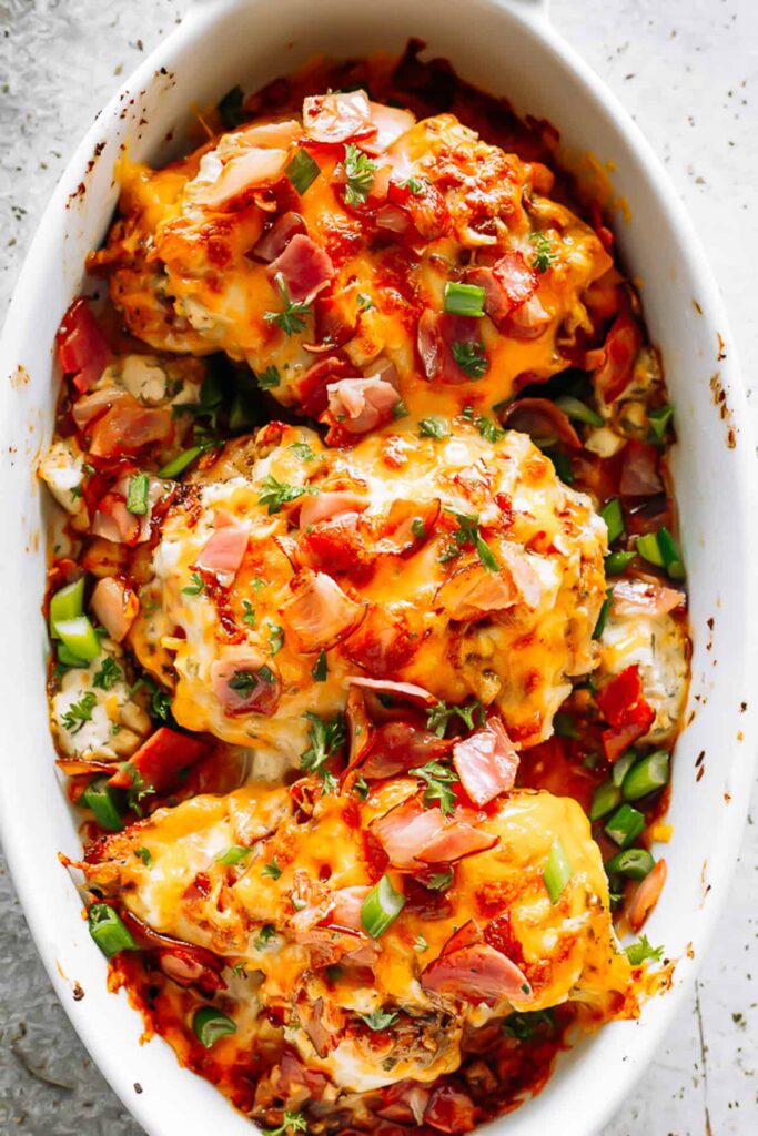 baked "crack" chicken breasts with bacon, cheese, scallions