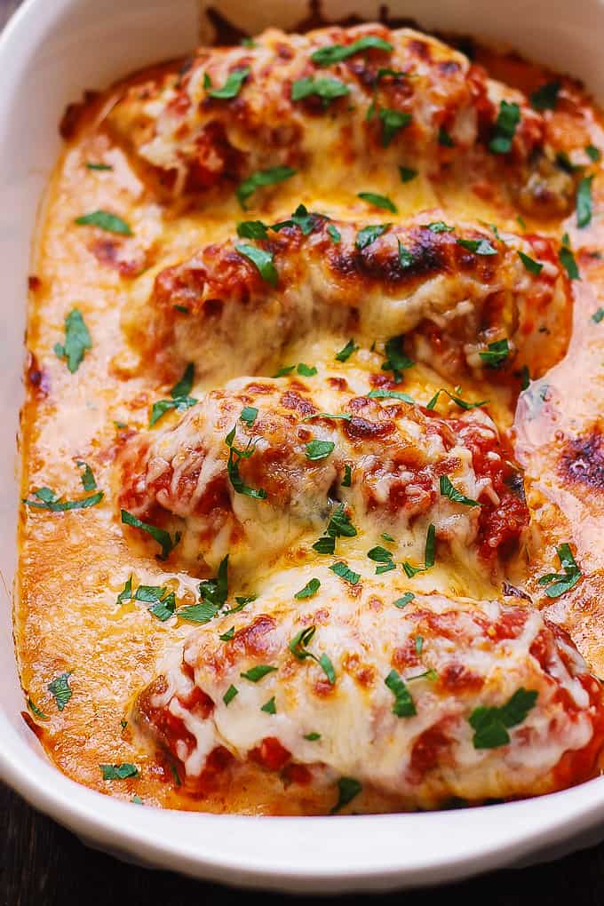 mozzarella chicken w/ tomato sauce and mushrooms