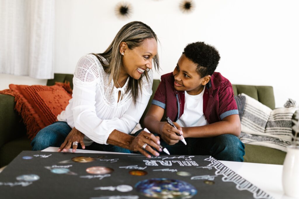 mom and son talking