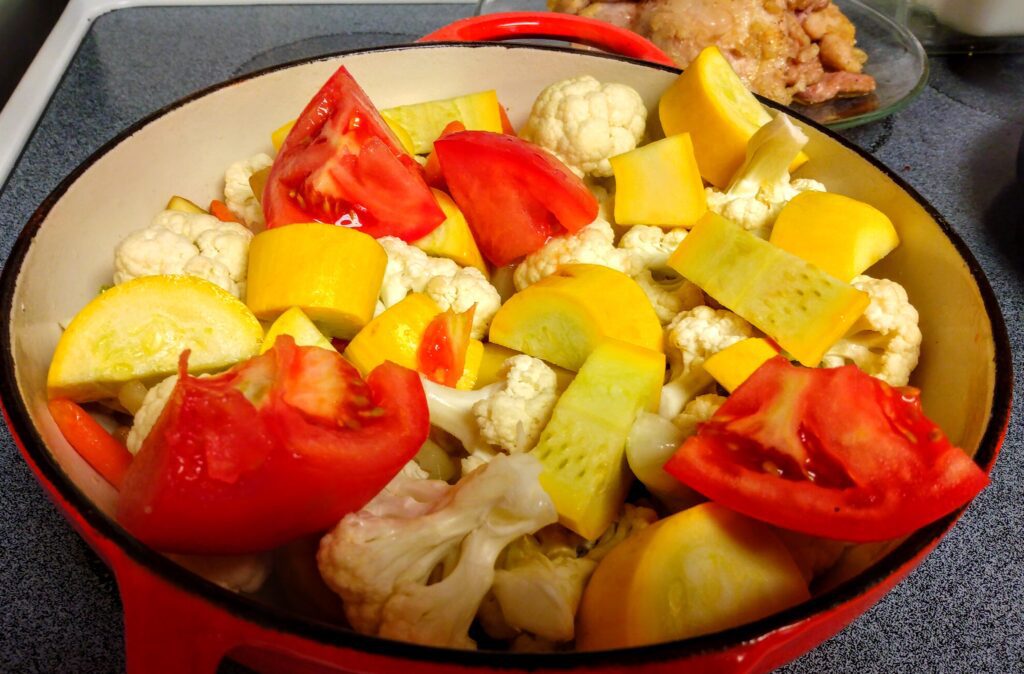 cauliflower, tomatoes, squash