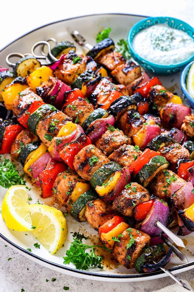 oven baked or grilled chicken kabobs with zucchini, onion, peppers