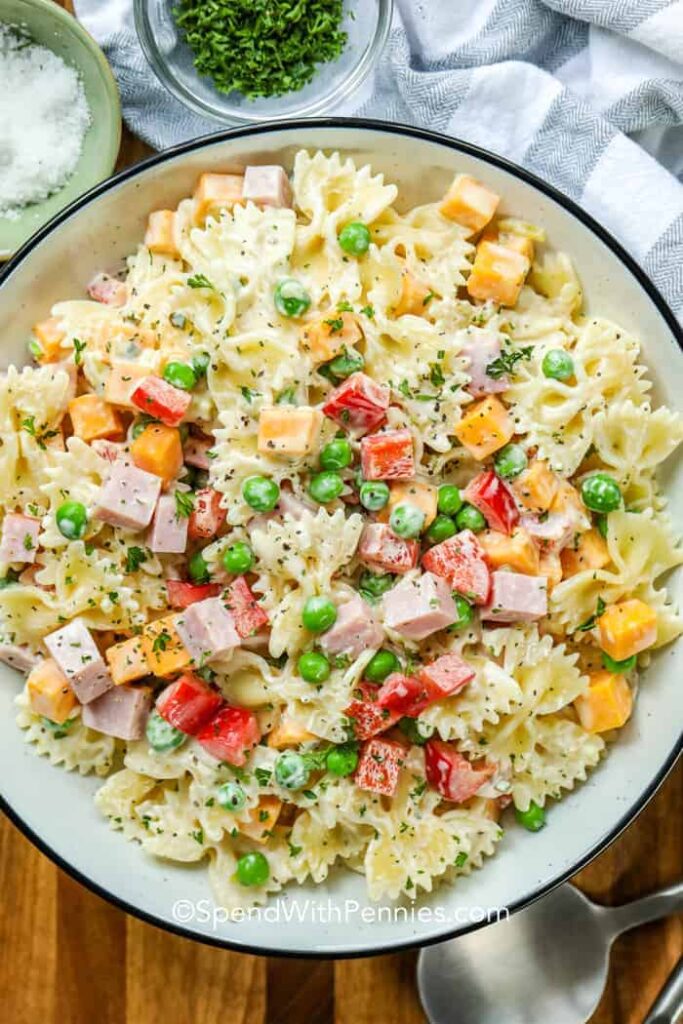 bow tie pasta salad with ham and cheddar