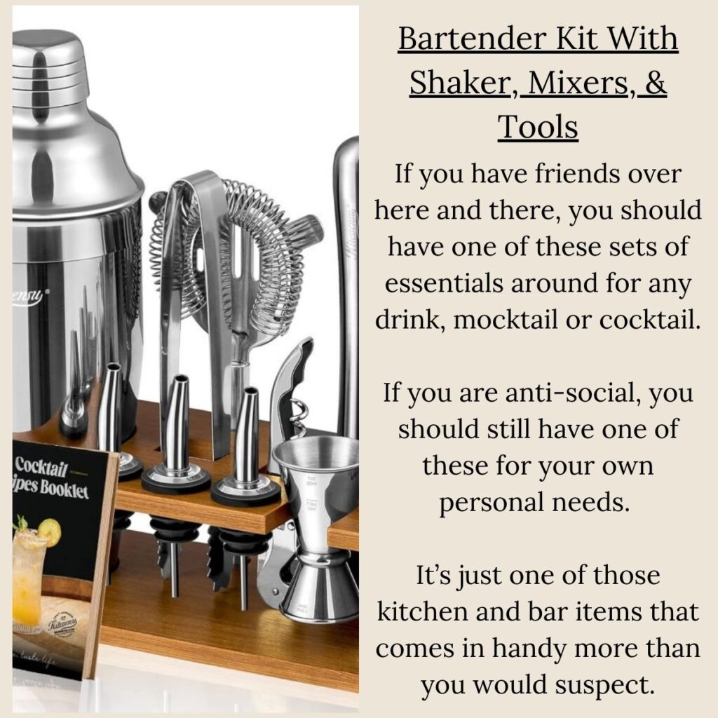 bartender kit with shaker, mixers, & tools